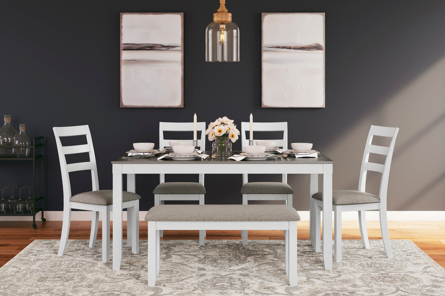 6 PC DINING TABLE, 4 SIDE CHAIRS, BENCH