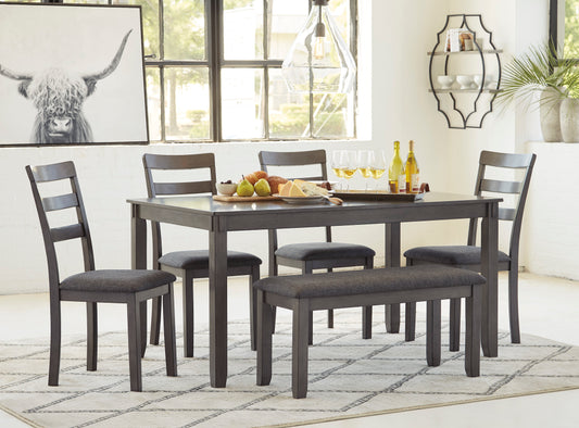 6 PC DINING TABLE, 4 SIDE CHAIRS, & BENCH