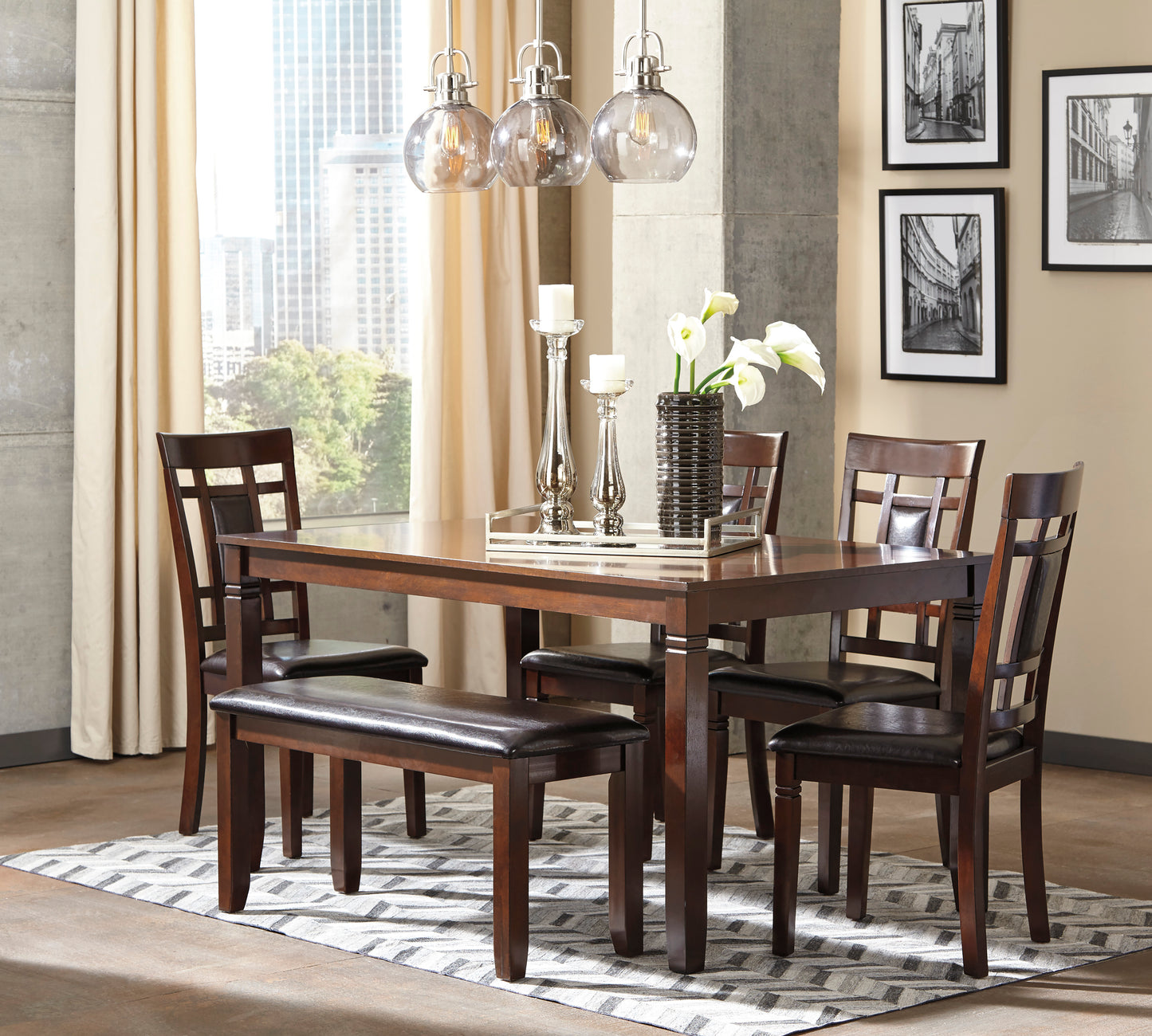 6 PC DINING TABLE, 4 SIDE CHAIRS, & BENCH